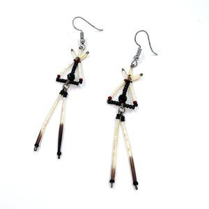 Beautiful Porcupine Quill Black & Red Beaded Silver Tone Fishhook Earrings